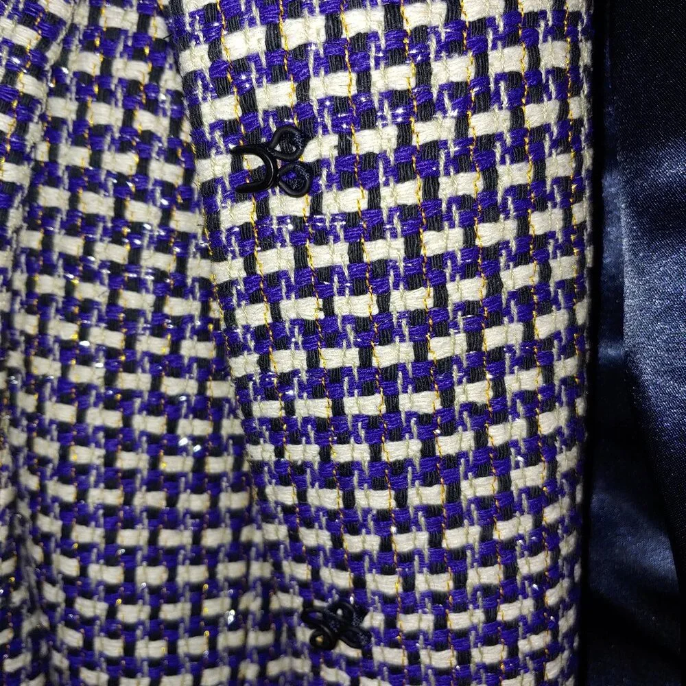 J Crew Navy 3/4 Sleeve Cropped Silk Blend Tweed Blazer Jacket Size 4